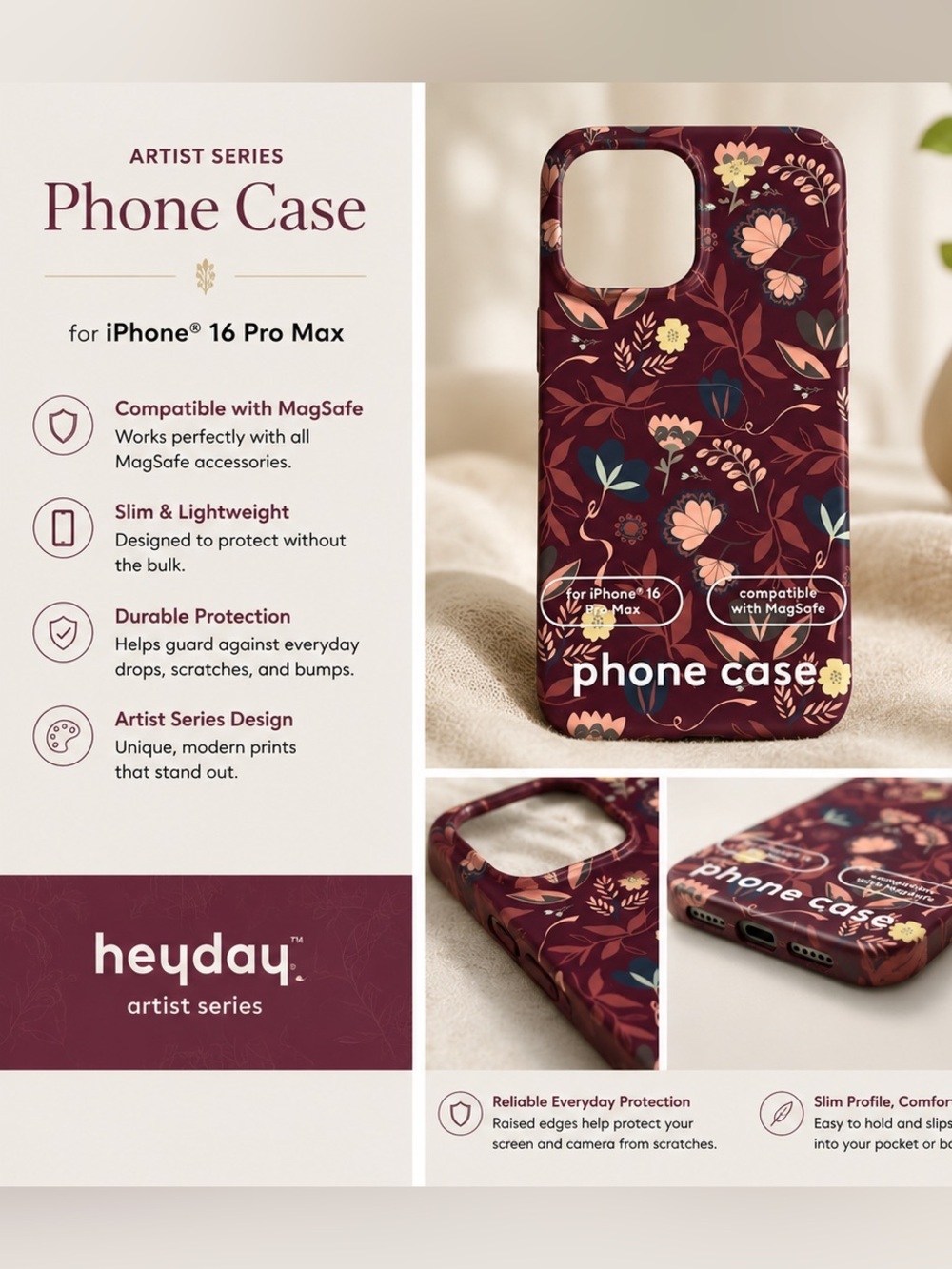 heyday Burgundy Floral Artist Series Phone Case for iPhone 16 Pro Max